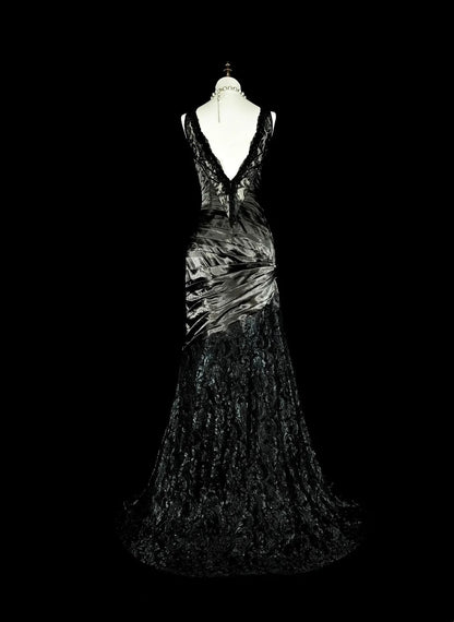 Vintage 1960s Boat Neck Sleeveless Satin Pleated Mermaid Long Prom Dresses N1574