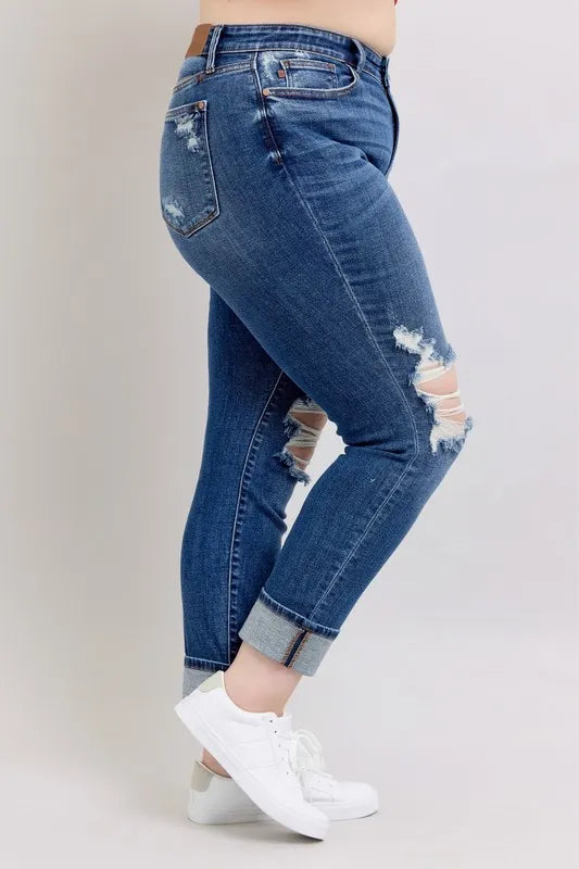 Full Size Mid Rise Boyfriend destroy Jeans with Yoke Pockets and Faux Selvedge Cuff Plus Size