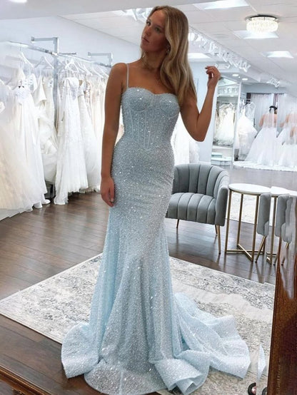 Shiny Royal Blue Mermaid Spaghetti Straps Long Beaded Prom Dress Party Gowns RB1671