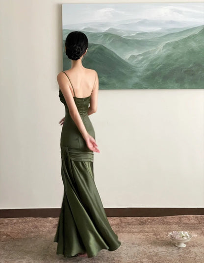 Fitted Mermaid Spaghetti Strap Green Satin With Pleated Formal Dress Long Prom Dresses N2820