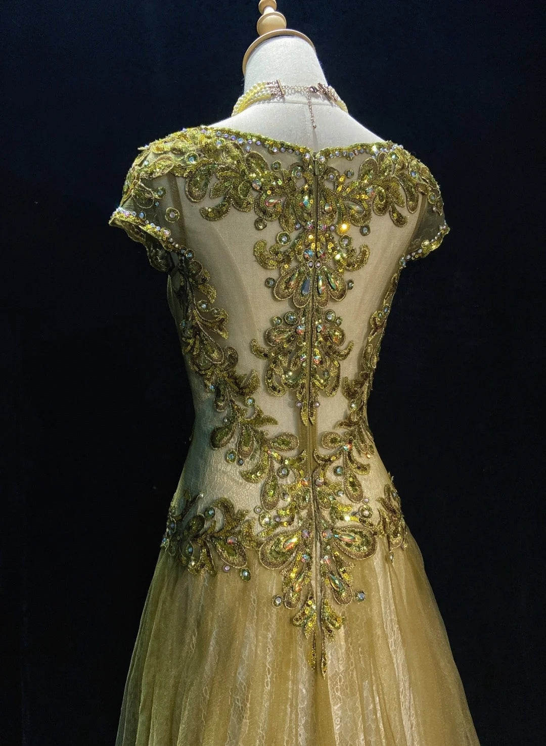 Vintage Prom Dresses 90s Mermaid Jewel Neck Gold Tulle With Beading Long Semi Formal Evening Dress N3674