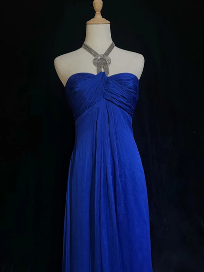 Vintage Prom Dresses A line Halter Royal Blue Chiffon With Beaded 90s Long Formal Gown N2903