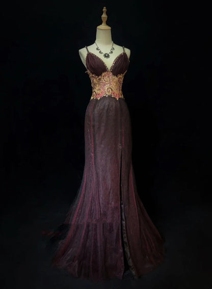 Modest Prom Dresses Mermaid Spaghetti Strap Grape Tulle Sequined With Lace Long Evening Outfits N3448