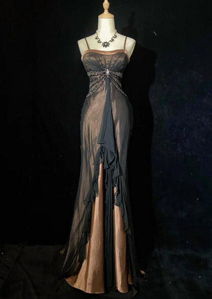 Vintage Prom Dresses Spaghetti Strap Mermaid Brown Satin Black Chiffon Long Formal Evening Outfits N3861