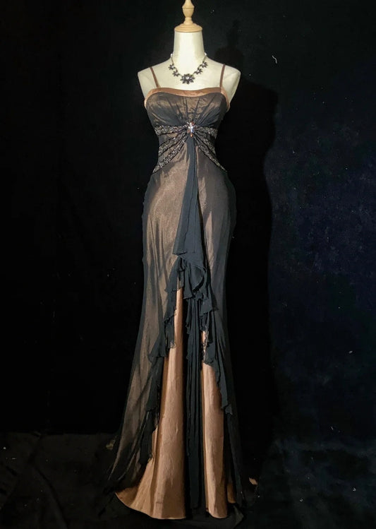 Vintage Prom Dresses Spaghetti Strap Mermaid Brown Satin Black Chiffon Long Formal Evening Outfits N3861