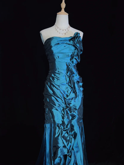 Beautiful Prom Dresses Mermaid Strapless Blue With Ruffled Bodice Long Evening Outfits N3358