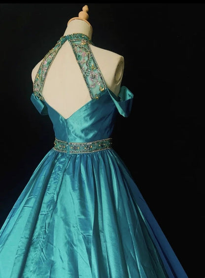 Vintage Prom Dresses Inspo Ball Gown High Neck Blue Satin 1990s With Beading Formal Gowns N3322