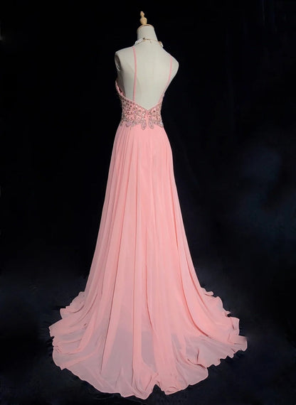 Modest Prom Dresses A line Halter Pink Chiffon With Beading Long Evening Outfits N3464