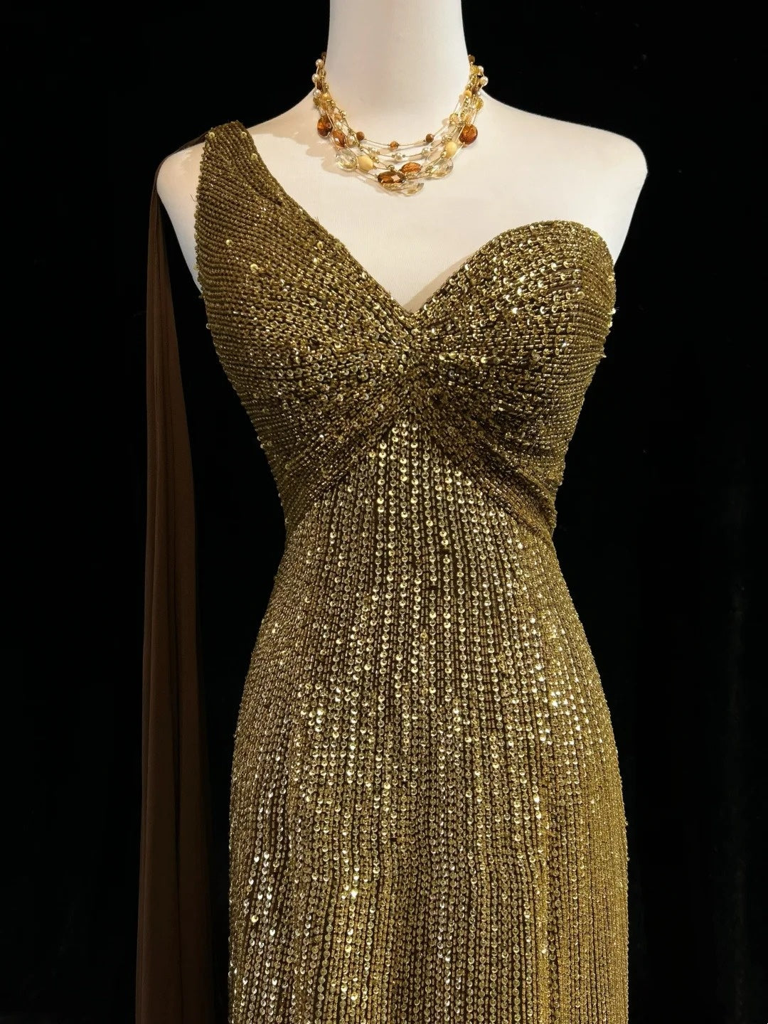 Vintage Mermaid 2000s One Shoulder Gold Sequin Formal Dress Long Sparkly Prom Dresses N2574
