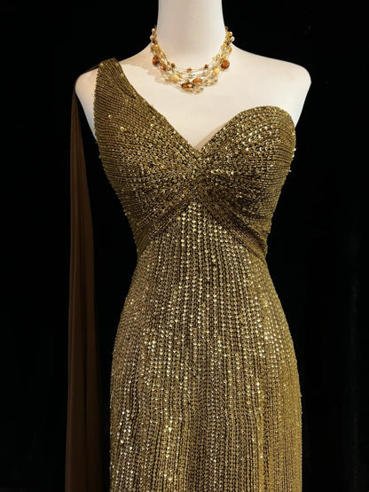 Vintage Mermaid 2000s One Shoulder Gold Sequin Formal Dress Long Sparkly Prom Dresses N2574