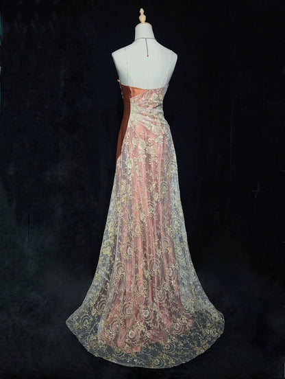 Modest Prom Dresses Mermaid Spaghetti Strap Gold Lace With Beading Long Evening Outfits N3462