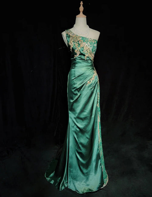 Vintage Prom Dresses Inspo Mermaid One Shoulder Dark Emerald Green 1990s With Gold Lace Formal Gowns N3320