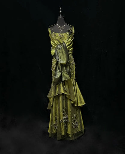 Vintage Mermaid 2000s Spaghetti Strap Olive Green Satin Formal Dress Long Prom Dresses N2575