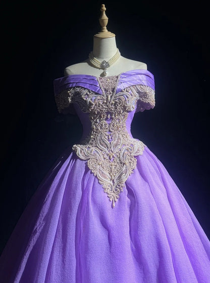 Princess Prom Dresses Ball Gown Off The Shoulder Grape With Pearls Formal Evening Outfits N3885