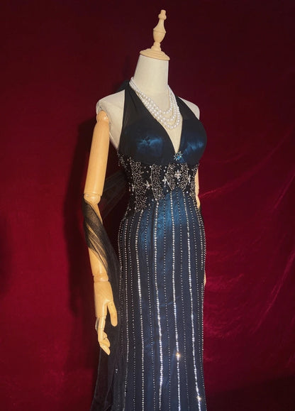 Sparkly Prom Dresses Inspo Mermaid 90s Halter Neck Dark Navy Blue With Beads For Women Formal Dress N3273