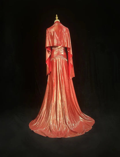 Classy A line Straps Coral With Beading Folds Sleeveless Long Formal Dress Gown With Cape Prom Dresses N2448