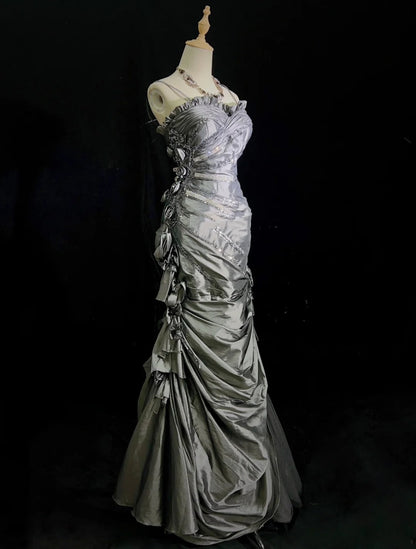 Modest Prom Dresses Mermaid Spaghetti Strap Grey Satin With 3D Flowers Formal Outfits N3653