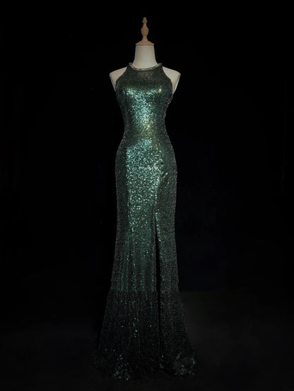 Sparkly Prom Dresses Inspo Mermaid 90s Jewel Neck Dark Green With Split For Women Formal Dress N3271