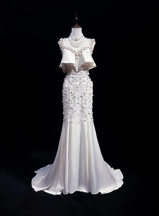 Beautiful Prom Dresses Mermaid Sweetheart White Chiffon With Flowers Long Evening Outfits N3386