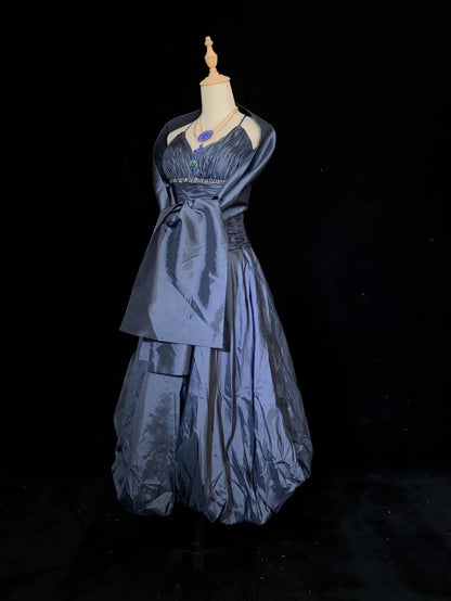 Timeless Prom Dresses Ball Gown Halter Navy Blue Taffeta With Beading Cape Evening Outfits N3287