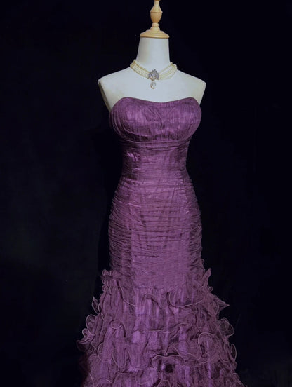 Modest Prom Dresses Inspo Mermaid Sweetheart Purple Tulle Ruffled 80s Long Formal Gowns N3395