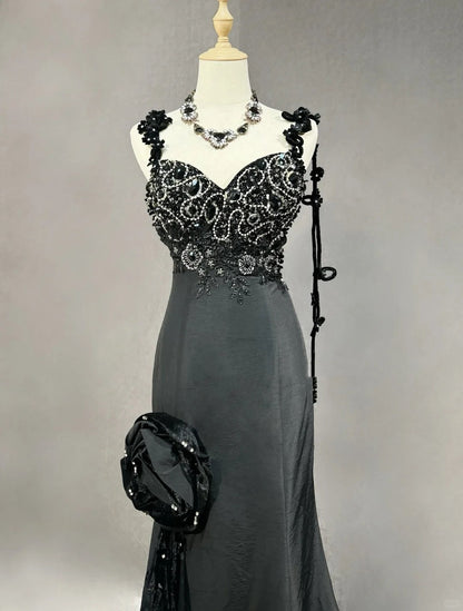 Vintage Prom Dresses Inspo Mermaid Spaghetti Strap Black Long 1990s With Beaded Appliqued Formal Gowns N3378