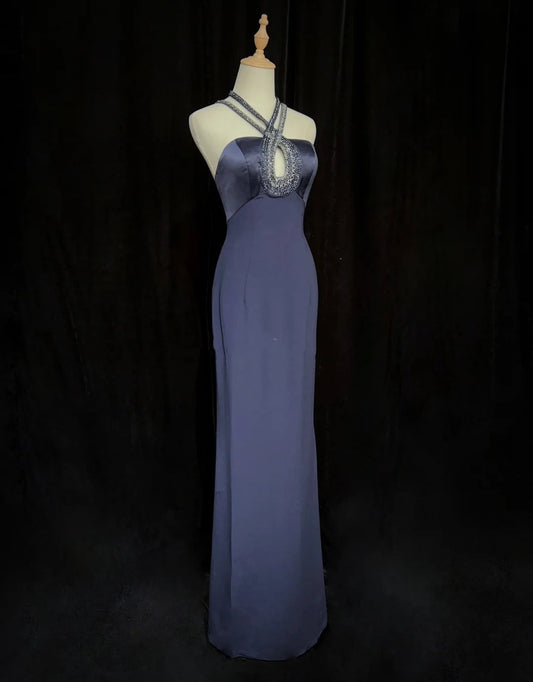 Modest Prom Dresses Inspo Mermaid 90s Halter Neck Navy Blue With Beads For Women Formal Dress N3281