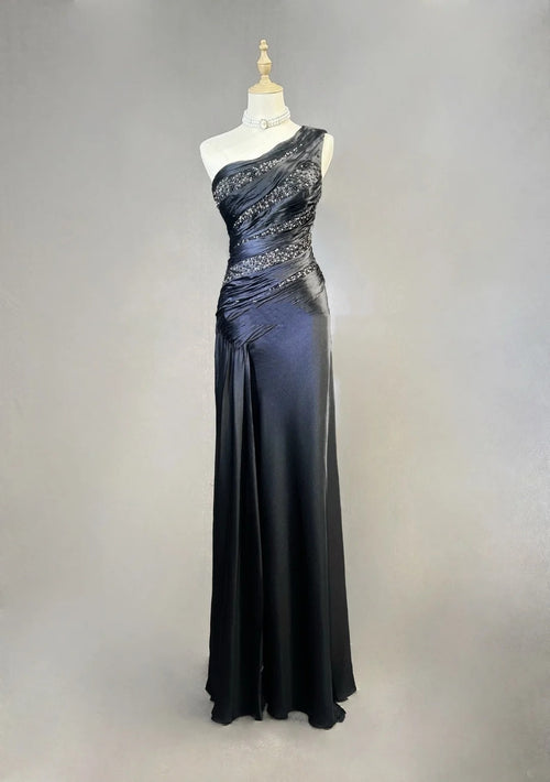 Classy Prom Dresses Mermaid One Shoulder Satin Black Tie Dress With Beaded Long Formal Evening Outfits N3704