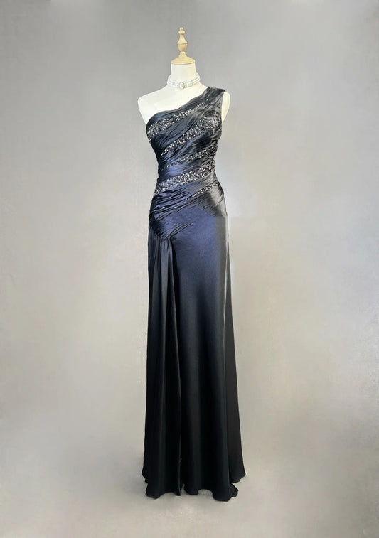 Classy Prom Dresses Mermaid One Shoulder Satin Black Tie Dress With Beaded Long Formal Evening Outfits N3704