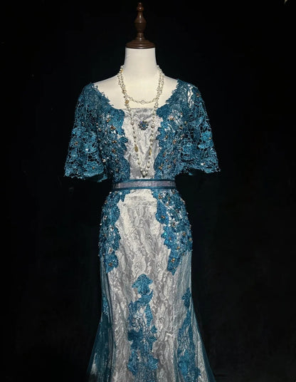 Vintage Prom Dresses Inspo Mermaid Lace Blue Tulle Lace 80s With Appliqued Formal Gowns N3366