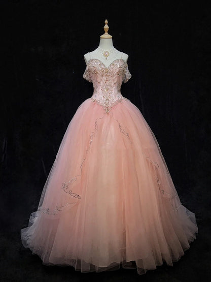 Princess Prom Dresses Inspo Ball Gown Pink Tulle Long With Beading Formal Gowns N3392