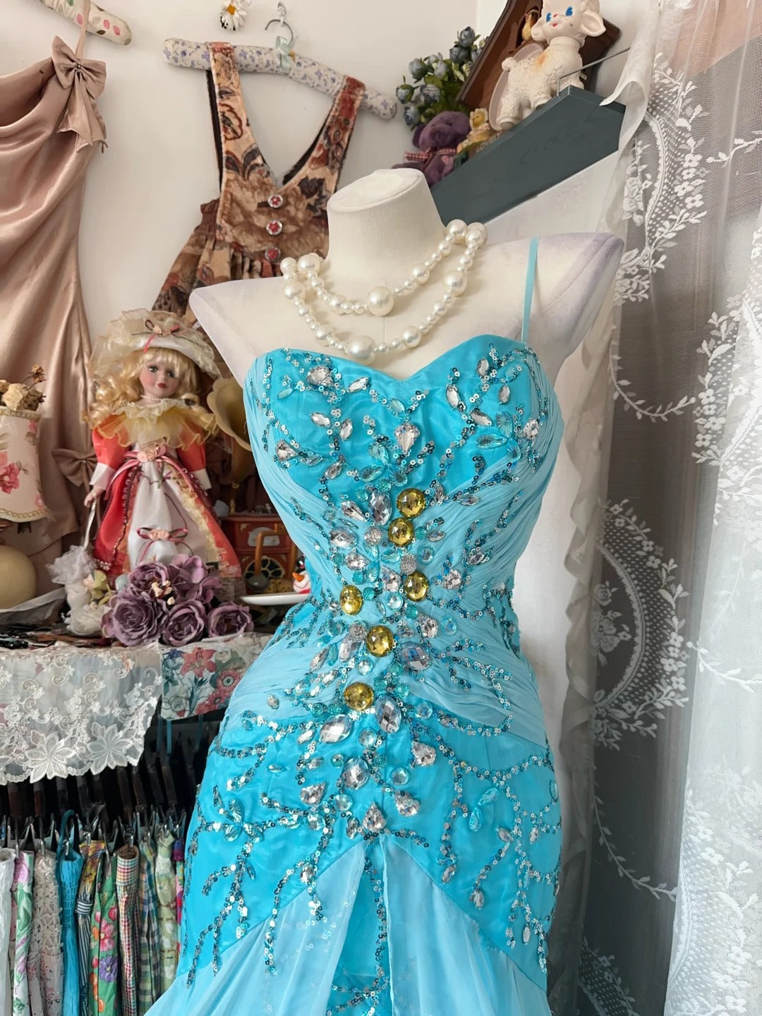 Classy Prom Dresses Mermaid Spaghetti Strap Blue Chiffon Sleeveless Formal Evening Outfits N3780