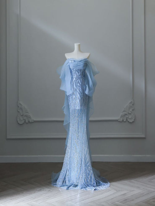 Sexy Mermaid Off The Shoulder Blue Sequin Long Formal Prom Dress Evening Gowns AB1684