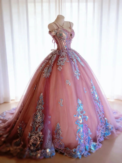 Cute Ball Gown Spaghetti Straps Pink Satin With Appliqued Long Party Gowns Prom Dresses N3039