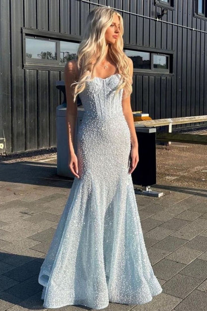 Shiny Royal Blue Mermaid Spaghetti Straps Long Beaded Prom Dress Party Gowns RB1671