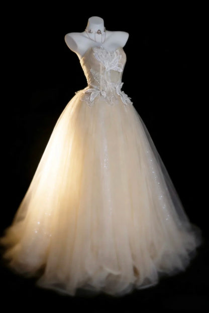 Modest Prom Dresses Ball Gown Strapless Champagne Tulle With Appliqued Long Quince Dress N2973
