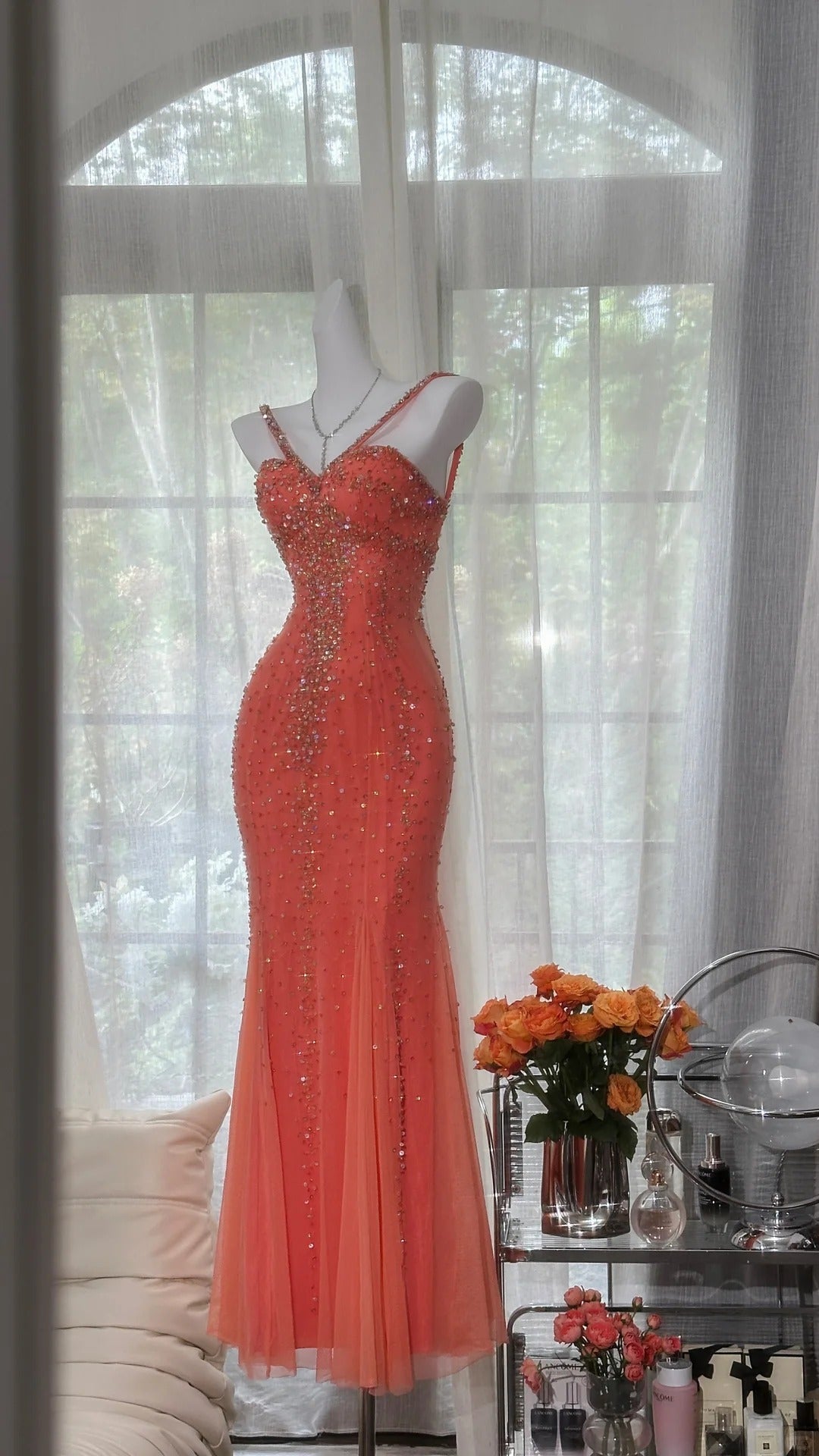 Modest Prom Dresses Mermaid Halter Coral Chiffon With Beading Long Evening Outfits N3551