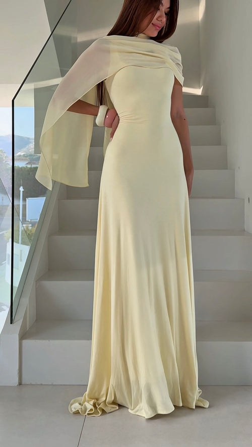 Women's Cocktail Party Gowns 90s Sheath Square Neck Chiffon Yellow With Cape Long Graduation Dinner Outfits Prom Dresses AB1869