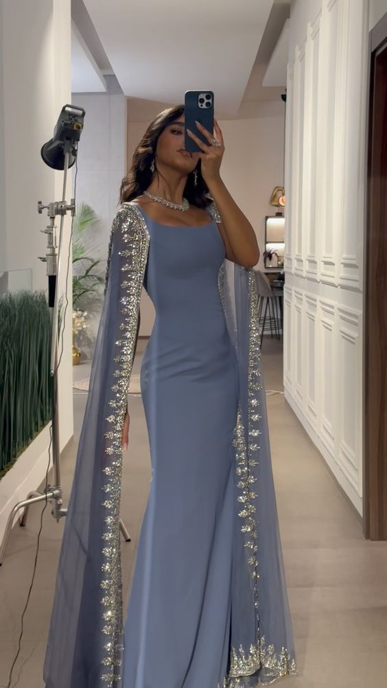 Vintage Dusty Blue Mermaid Evening Dress Applique Beaded Prom Dress Unique Cape Design Long Party Dress Birthday Outfits AB2313