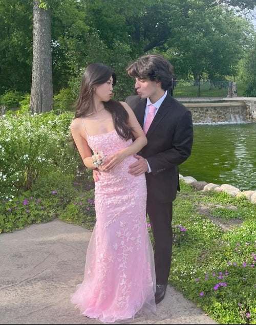 New Arrival Mermaid Spaghetti Straps Pink Lace Long Prom Dresses Inspo Formal Night Party Dress AB1658