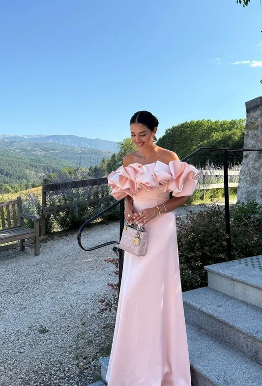 Chic A line Off The Shoulder Pink With Sleeves Spring Formal Dress Long Prom Dresses N2680
