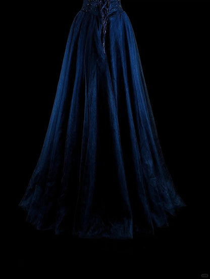 Vintage A line Off The Shoulder Navy Blue Tulle 90s Evening Gowns Formal Birthday Dress Long Prom Dresses N1752