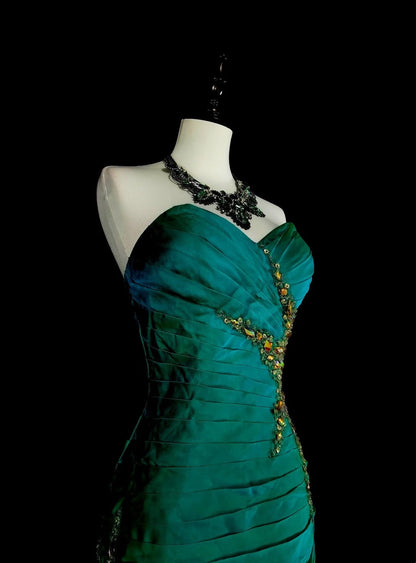 Vintage Mermaid Sweetheart Green Satin With Beads Long Gowns Formal 18th Birthday Party Prom Dresses N1751