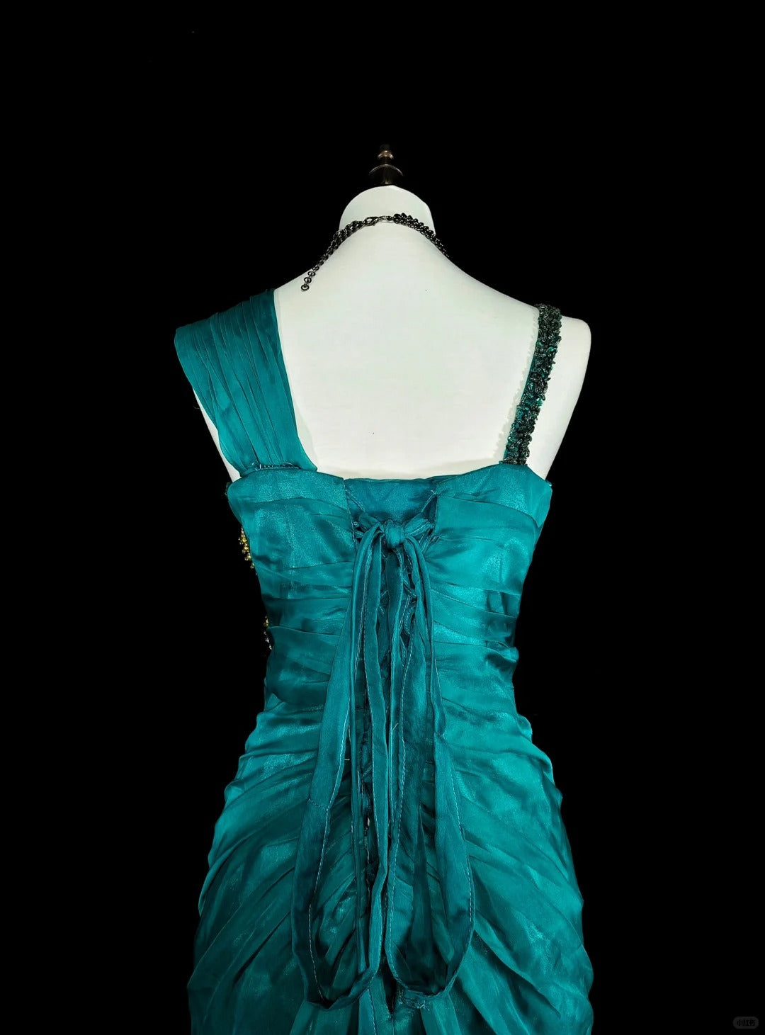 Vintage Mermaid Green 70s With Pleated Gold Beads Long Prom Gown Party Wear Dresses N1837