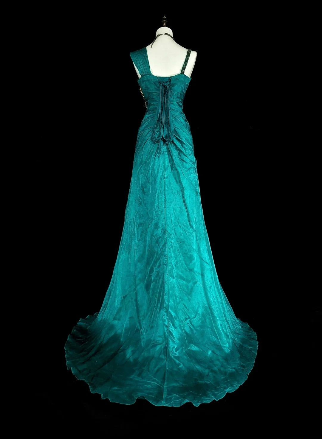 Vintage Mermaid Green 70s With Pleated Gold Beads Long Prom Gown Party Wear Dresses N1837