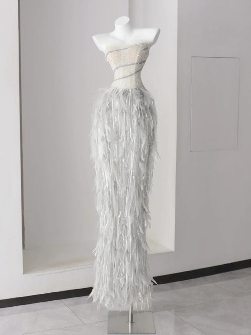 Sparkly Prom Dresses Mermaid Strapless Grey Sequin With Feathers Long Formal Dance Dress N2998