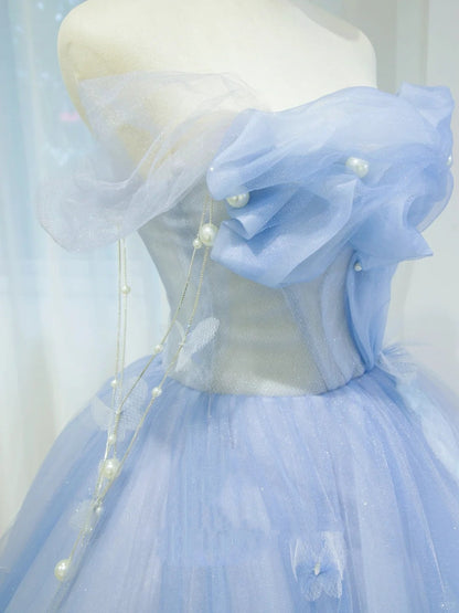 Pretty Prom Dresses Ball Gown Off The Shoulder Blue Tulle With Ruffle Long Formal Gown N2936