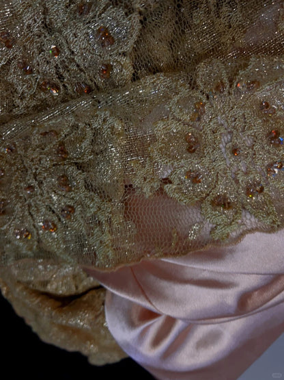Glamour Prom Dresses Mermaid Strapless Blush Pink Satin Gold Lace With Beading Formal Evening Outfits N3835
