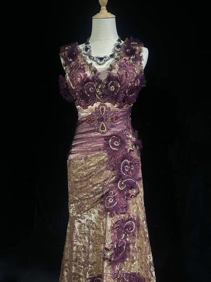 Vintage Prom Dresses Mermaid V Neck Gold Lace With Flowers 80s Long Formal Evening Outfits N3881