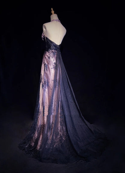 Vintage Prom Dresses Inspo A line Halter Pink Satin Black Lace With Backless For Women Formal Dress N3254